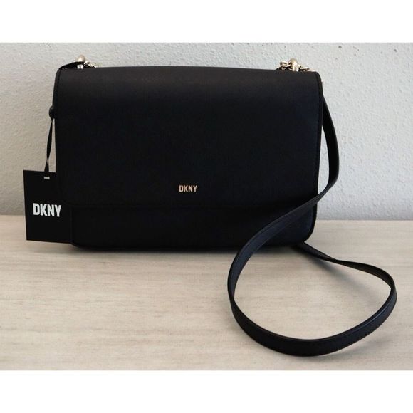 DKNY Women's Black Saffiano Leather Sina Medium Flap Shoulder